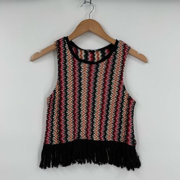 Zara Trafaluc Multicolor Striped Knit Fringe Hem Tank Top in Multi/Black | Small - Picture 2 of 5